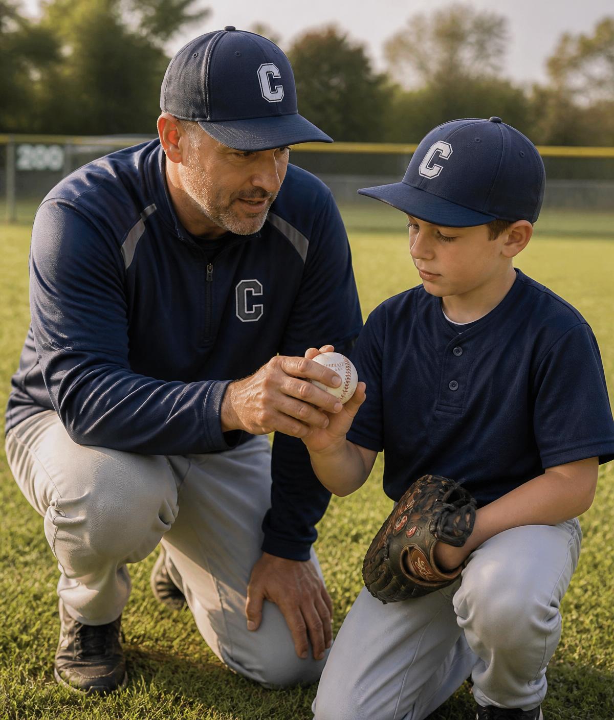 Shane coaching a young baseball player one-on-one on the field