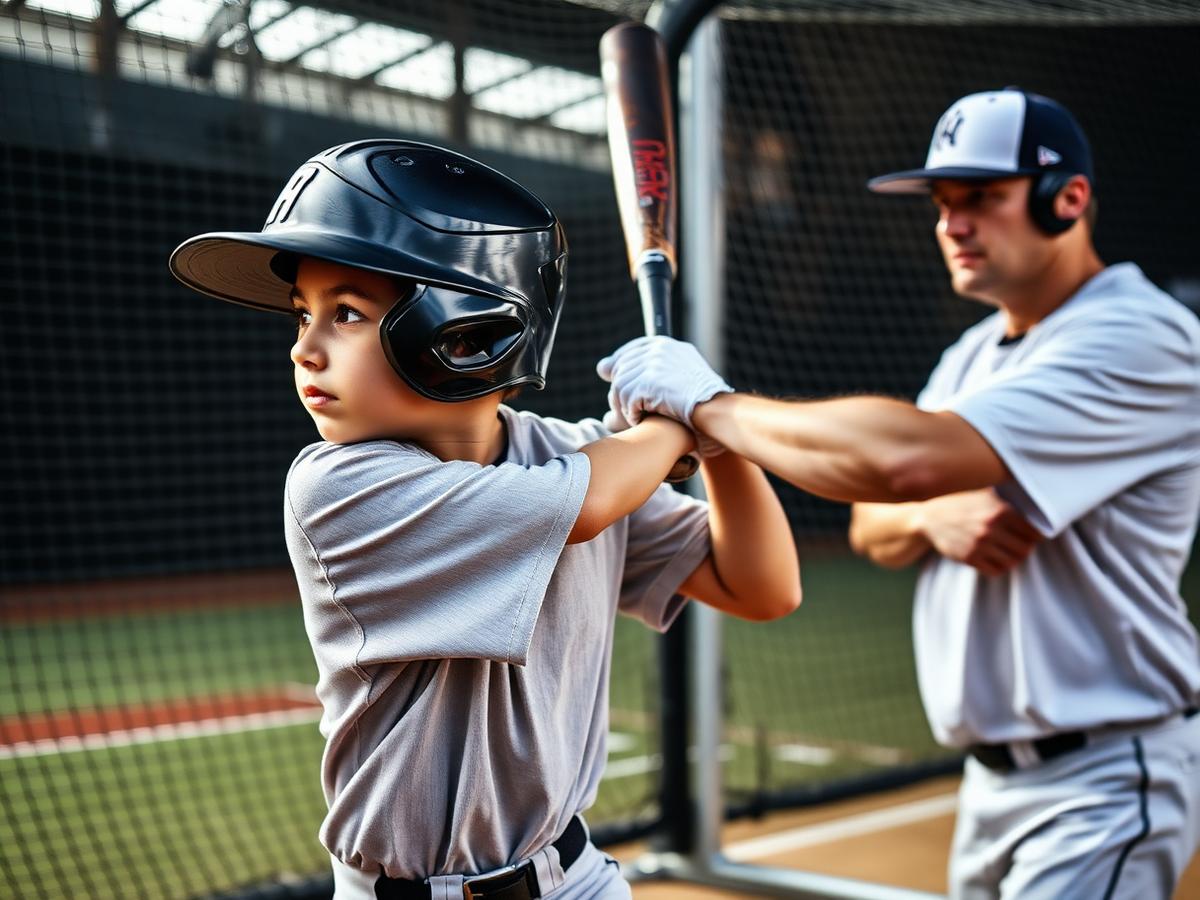 Young hitter mid-swing in the batting cage during a lesson