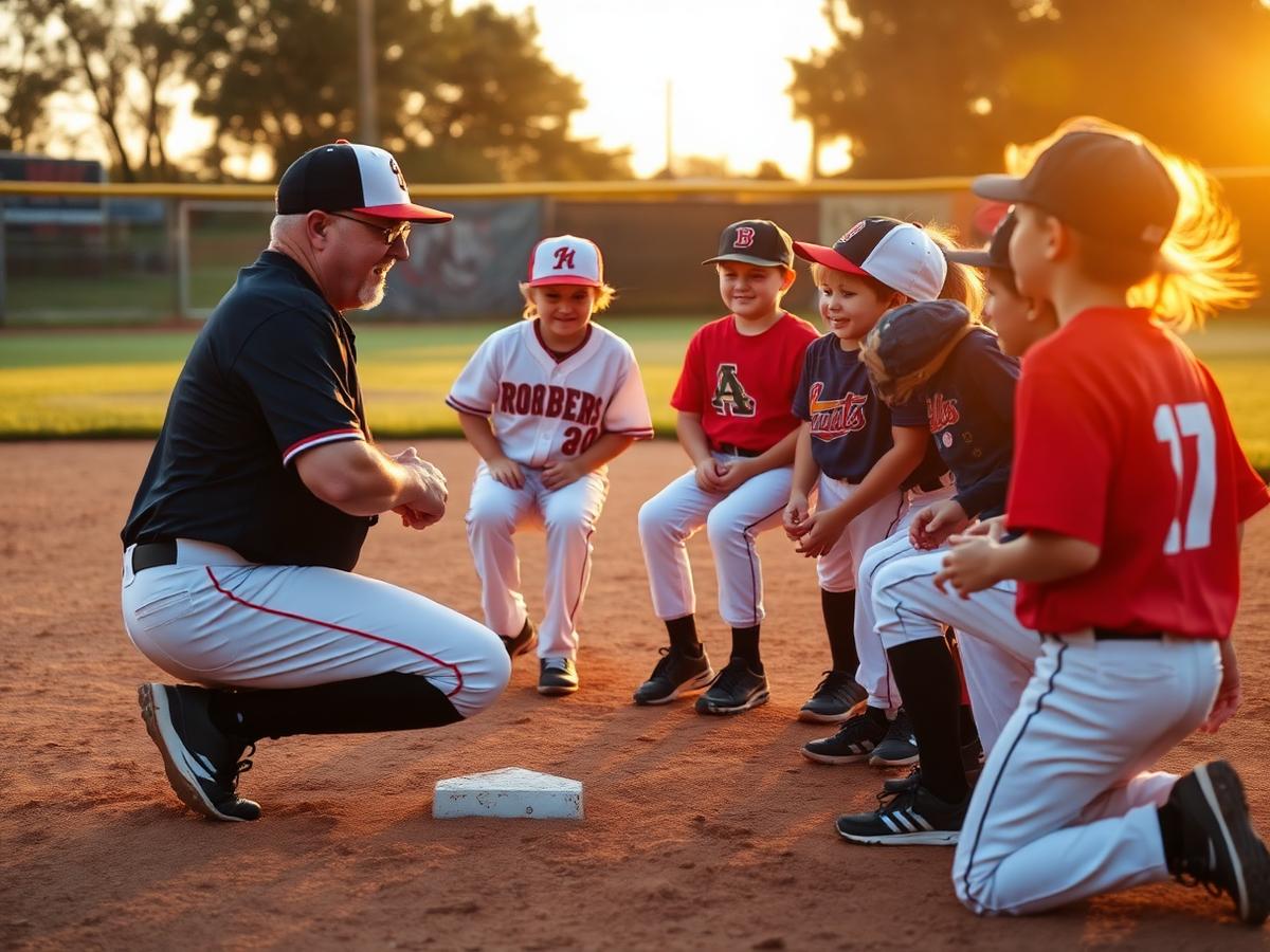 Shane kneeling on the infield talking with a group of young baseball players at a clinic