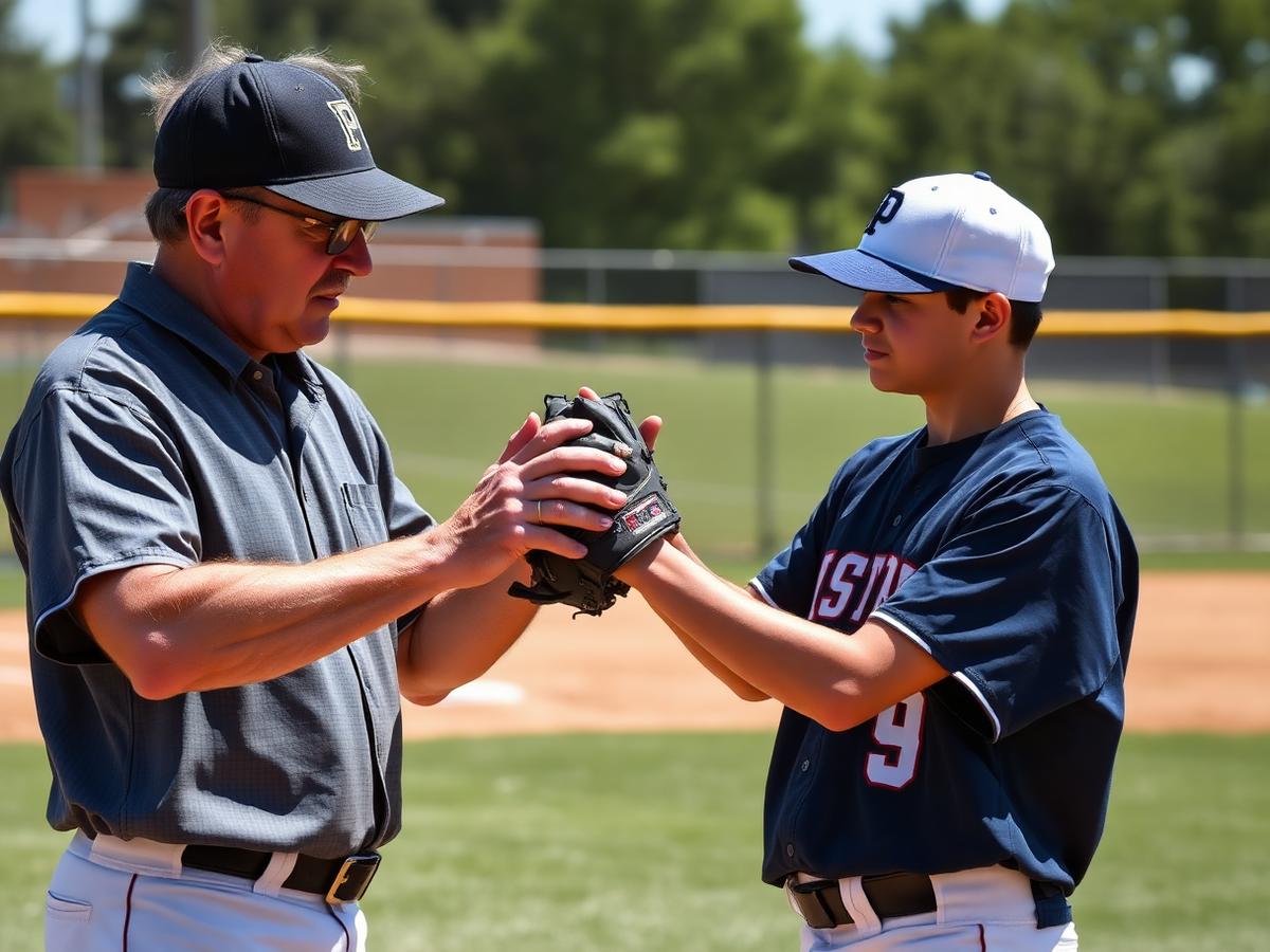 Coach showing a young player a grip on the practice field