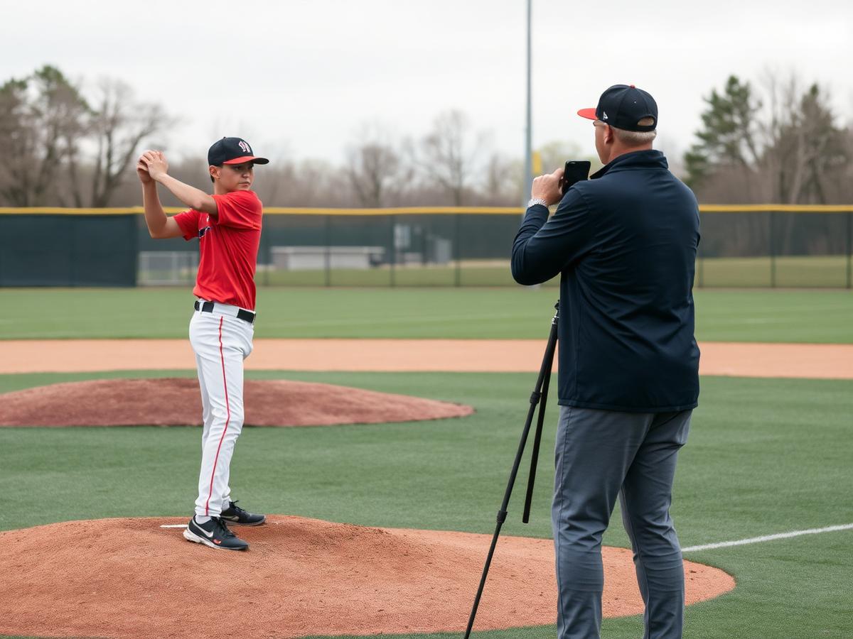 Coach filming a young player's mechanics for video analysis