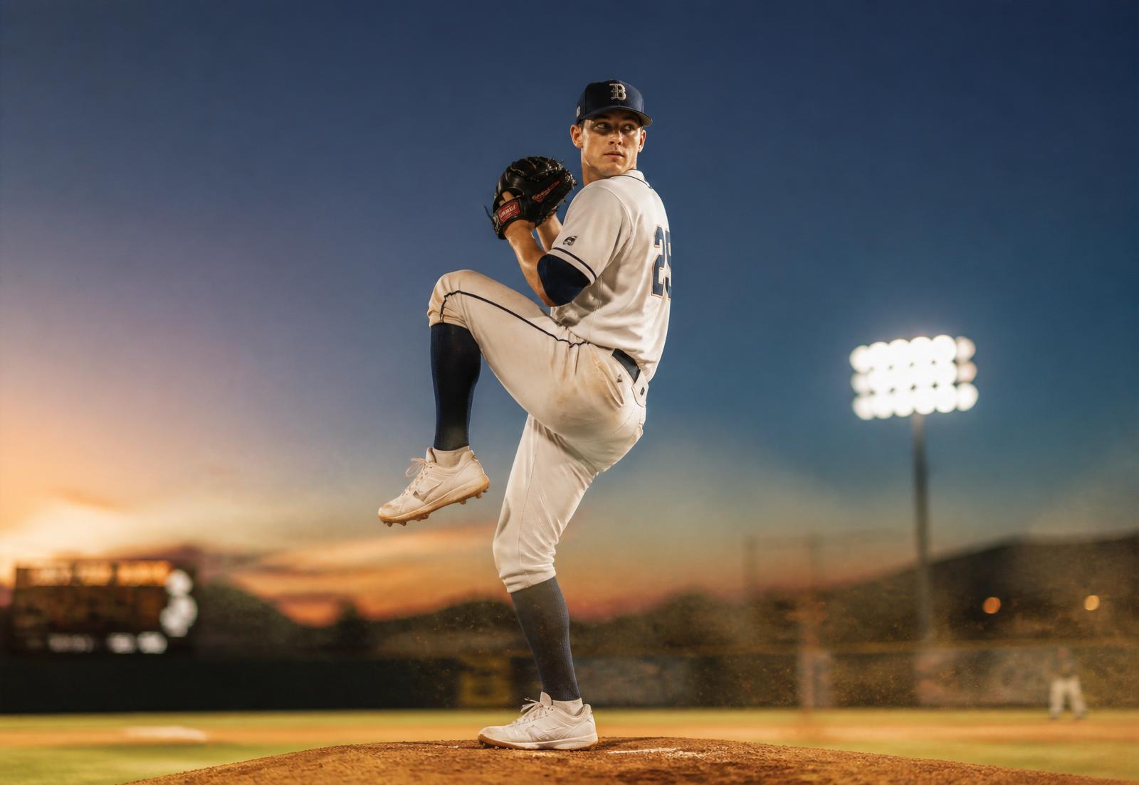 Shane Greene delivering a pitch under stadium lights